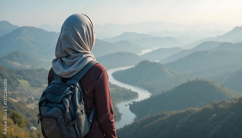 Hiker with backpack enjoying mountain landscape and winding river view Hiker with backpack enjoying mountain landscape and winding river view