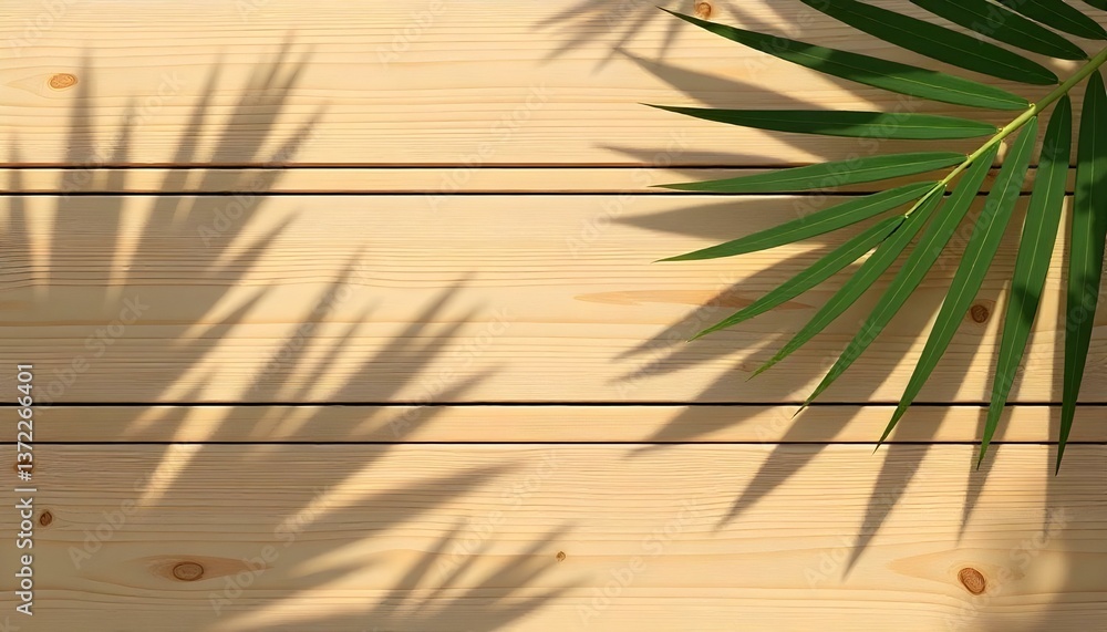 Obraz premium top view of soft brown table with high resolution texture and palm leafs shadows, summer table background with empty space for text or design, soft cozy sunny table backdrop, wooden texture seamless