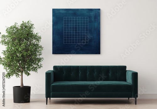 Modern teal sofa  grid art  living room  plant
