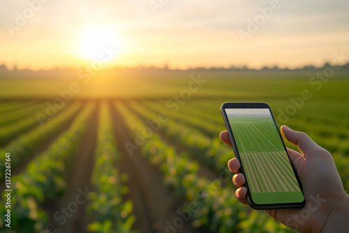A farmer using a smartphone to monitor crop health in a sunny field during sunset.