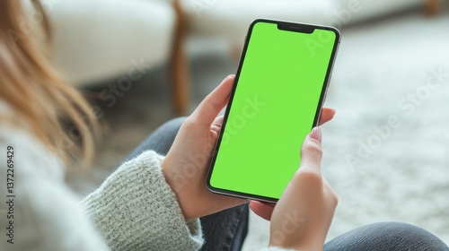 Woman holding a smartphone with a green screen display.