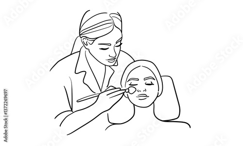Girl cosmetologist doing a procedure to a client, continious line drawing. Care procedures, cosmetics, beauty salon outline. Vector illustration