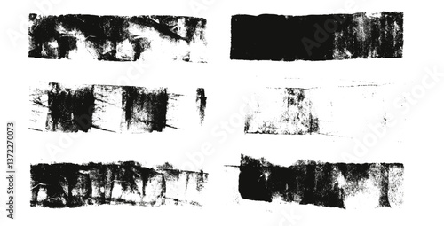 Straight wide grunge lines. Linocut rolled brush stroke set. Handmade ink rectangle rough stamps. Vector black paint underlines shapes. Dry marker or brayer smear textures. Distressed figures.
