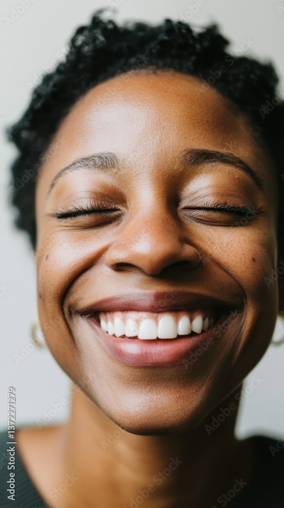Joyful Close-Up Portrait of Smiling Woman with Closed Eyes. Joyful Close-Up Portrait of Smiling Woman with Closed Eyes.