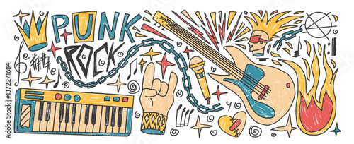 Rock n roll music party crayon drawn set. Punk festival doodle background. Scribble grunge music concert flyer elements. Guitar, electronic piano horns, crown sketch graffiti art. Vector illustration.