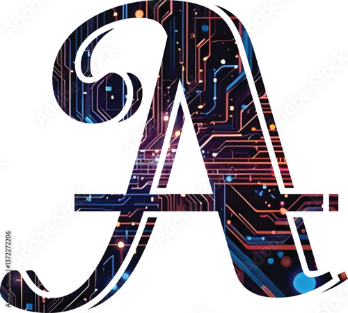 A letter logo design with semiconductor chip with neon effect on a letter, rendered in glowing lines with a blue and purple color palette, symbolizing dvanced artificial intelligence and technology.