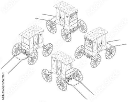 Four carriages drawn in black and white. The carriages are all the same size and shape. Isometric view. 3D