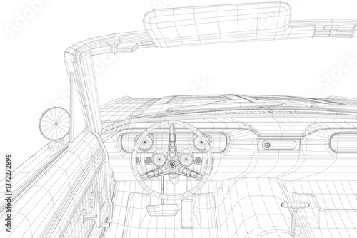 A car is shown with a steering wheel and a sunroof. The car is a vintage model