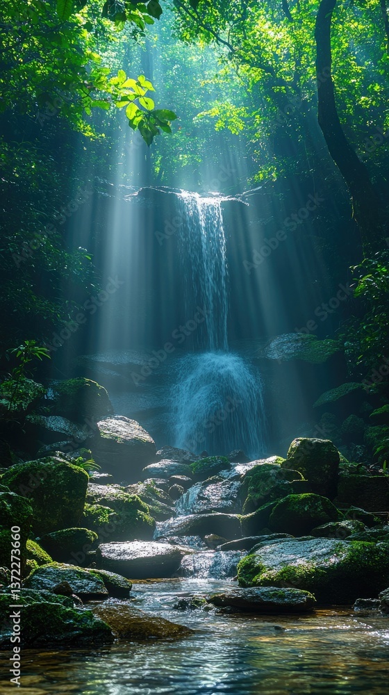 A Scenic Waterfall Lit by Beams of Sunlight Through Green Trees A Scenic Waterfall Lit by Beams of Sunlight Through Green Trees