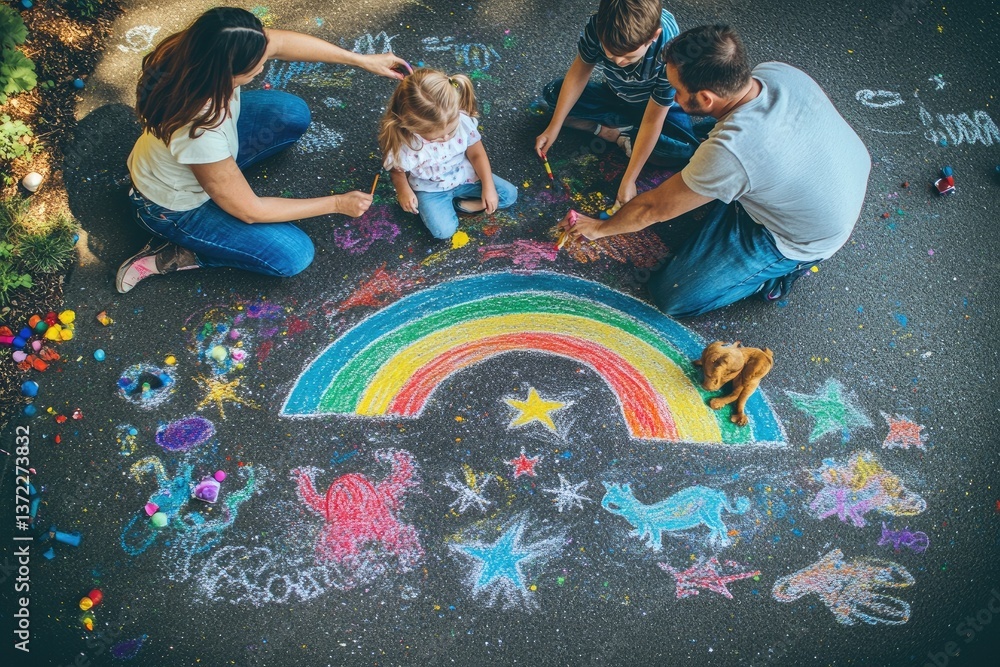 A family playing with chalk art on a driveway, each person drawing colorful designs. The mother creates a rainbow, the father adds stars, and the kids draw animals