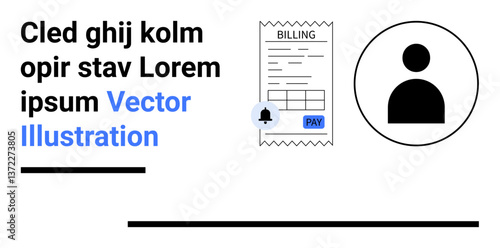 Billing receipt with Pay button, notification icon, and user profile. Ideal for finance, billing, payment reminders, user interfaces, customer support, notifications and a simple landing page