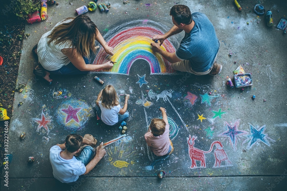 A family playing with chalk art on a driveway, each person drawing colorful designs. The mother creates a rainbow, the father adds stars, and the kids draw animals