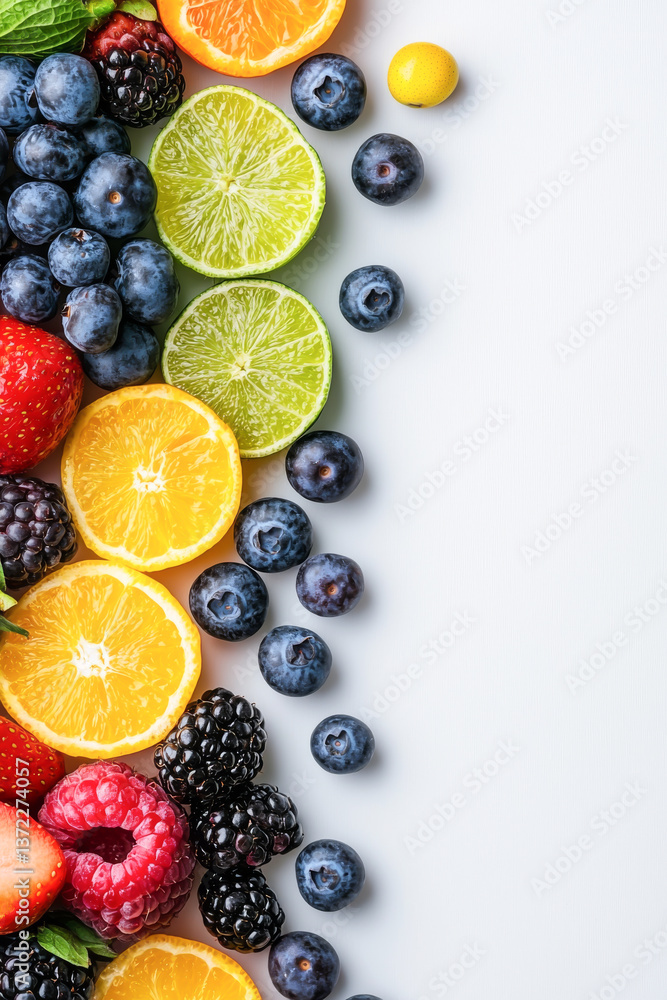 An array of fresh fruits including berries and citrus on a clean background.