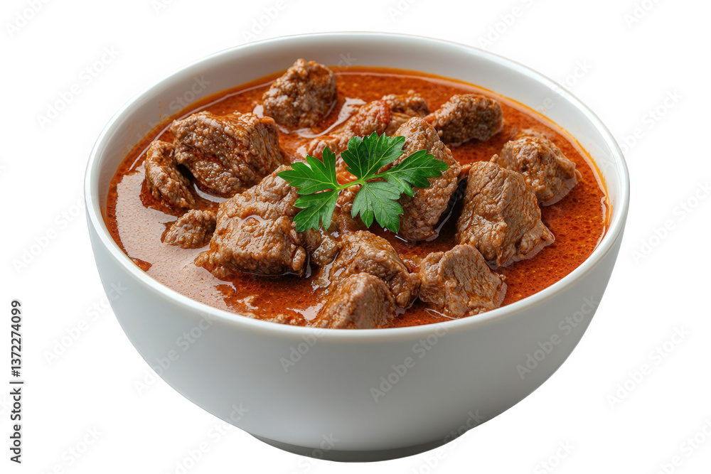 Hearty beef stew served in a white bowl with herbs, showcasing a delicious mix of tender meat and rich sauce against a clear background for modern culinary appeal Hearty beef stew served in a white bowl with herbs, showcasing a delicious mix of tender meat and rich sauce against a clear background for modern culinary appeal
