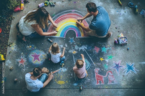 Obraz na płótnie A family playing with chalk art on a driveway, each person drawing colorful designs. The mother creates a rainbow, the father adds stars, and the kids draw animals w salonie
