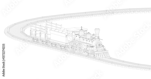 A train is traveling. The train is the main focus of the image. The scene gives off a sense of movement and energy