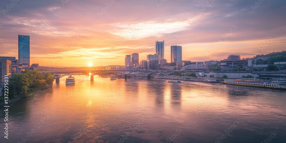 Fototapeta premium Sunset Over Nashville Skyline and River