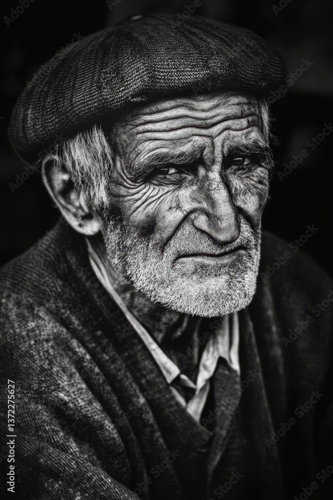 Elderly Man in Beret with Deep Wrinkles Captured in Black and White Portrait. Elderly Man in Beret with Deep Wrinkles Captured in Black and White Portrait.