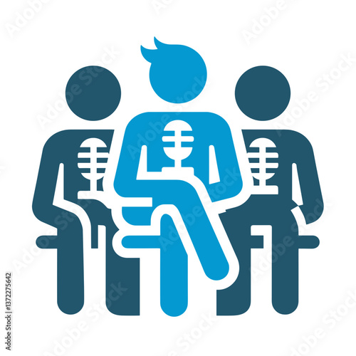 Group of people sitting with microphones, blue vector icon, transparent background