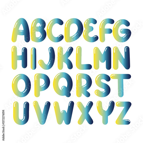 The use of gradients, highlights, and rounded shapes creates a sense of depth and playfulness. The consistent execution across all letters ensures a cohesive and professional look.

