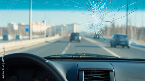 Car windshield with cracked glass from interior view on highway in bright daylight, realistic driving safety concept for insurance or road hazard visuals