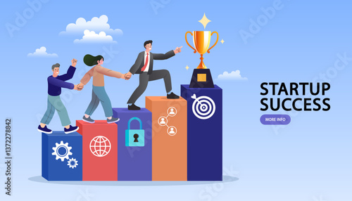 Businessman leads team to the ladder of success, following the work plan, improving work, connecting worldwide, tracking goals until they are achieved and trophy rewarded. modern vector ,flat design .