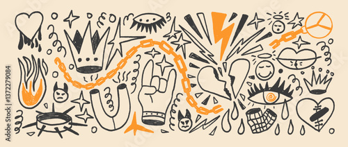 Rock roll marker drawn set. Punk spike, devil horns and chain doodle background. Scribble grunge poster elements. Heart, crown and sketch graffiti art. Vector pencil illustration on beige bg.