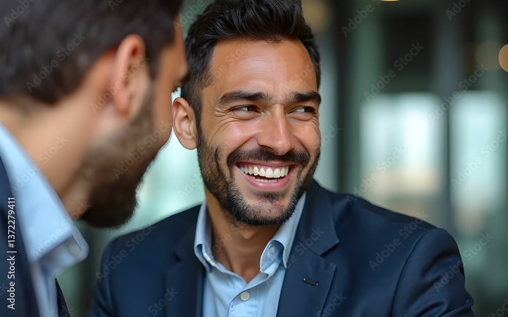 A confident businessman smiling during a conversation, showcasing flawless teeth, symbolizing success and self-assurance. A confident businessman smiling during a conversation, showcasing flawless teeth, symbolizing success and self-assurance.