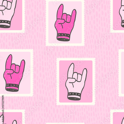 Horns postage stamp seamless pattern. Punk rock hand sign on frame marker endless background. Crayon continuous ornament. Surface pattern design rock and roll motif. Vector hand drawn illustration.