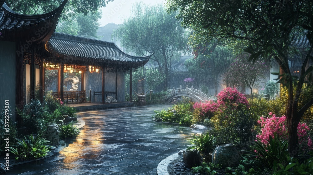 A serene view of a traditional Chinese Suzhou garden, set in the calm aftermath of a gentle rain. A serene view of a traditional Chinese Suzhou garden, set in the calm aftermath of a gentle rain.