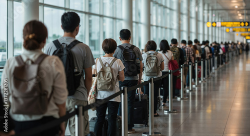 Long line of people waiting in queue at airport security check passport customs control, symbol of travel, patience, journey process. Ideal for concepts of  immigration, trip, vacation, holiday rush