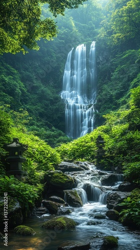 A majestic waterfall surrounded by lush green forest and foliage