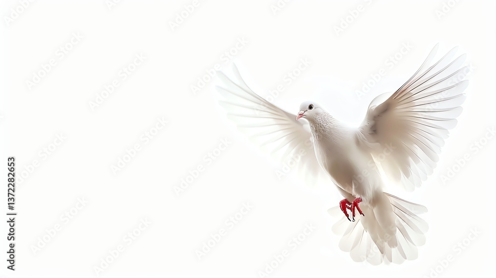 Obraz premium A beautiful white dove is flying with its wings spread wide. The dove is a symbol of peace, love, and hope.