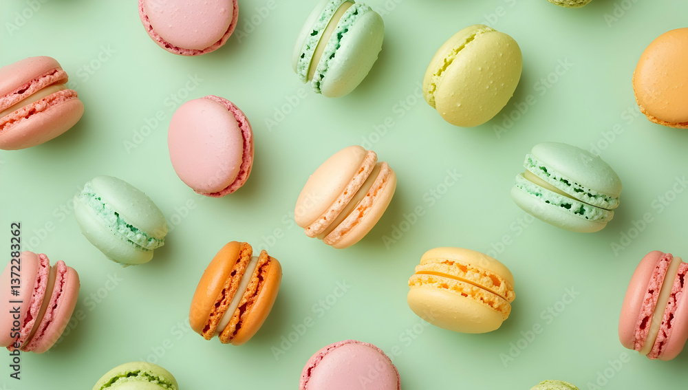 A flat lay of colorful macarons arranged in an artistic pattern on a pastel green background, creating a visually appealing and mouthwatering composition for bakery branding designs A flat lay of colorful macarons arranged in an artistic pattern on a pastel green background, creating a visually appealing and mouthwatering composition for bakery branding designs