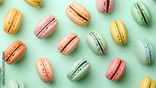 Wallpaper Mural A flat lay of colorful macarons arranged in an artistic pattern on a pastel green background, creating a visually appealing and mouthwatering composition for bakery branding designs Torontodigital.ca