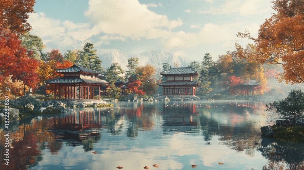 Fototapeta premium japanese park with pavilions on a lake