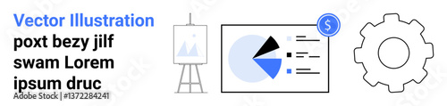 Pie chart with money icon, blank canvas on easel, and gear symbolizing finance, analysis, creativity, business growth. Ideal for business, finance, education creativity marketing strategy simple