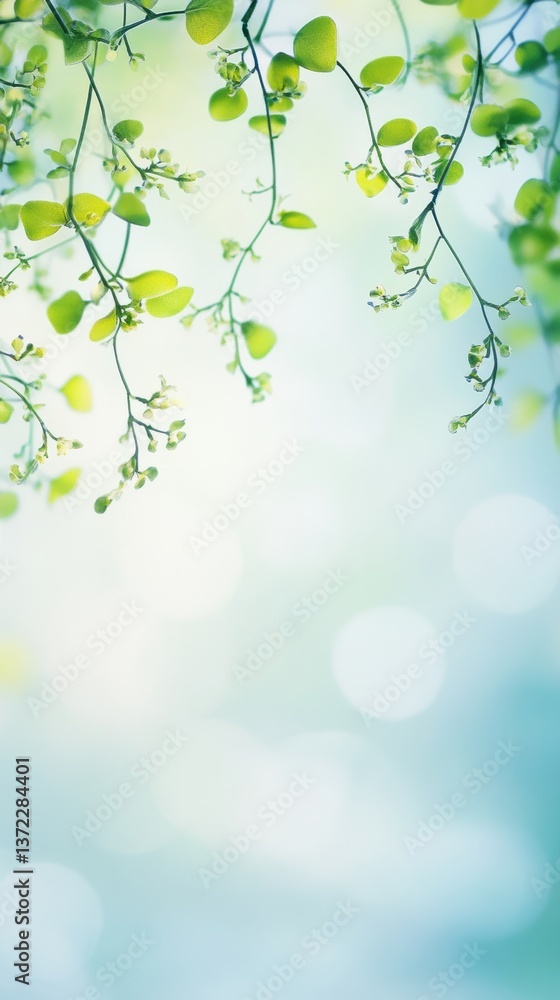 Obraz premium Bright green leaves and delicate blossoms create a serene atmosphere in a softly lit outdoor environment during springtime