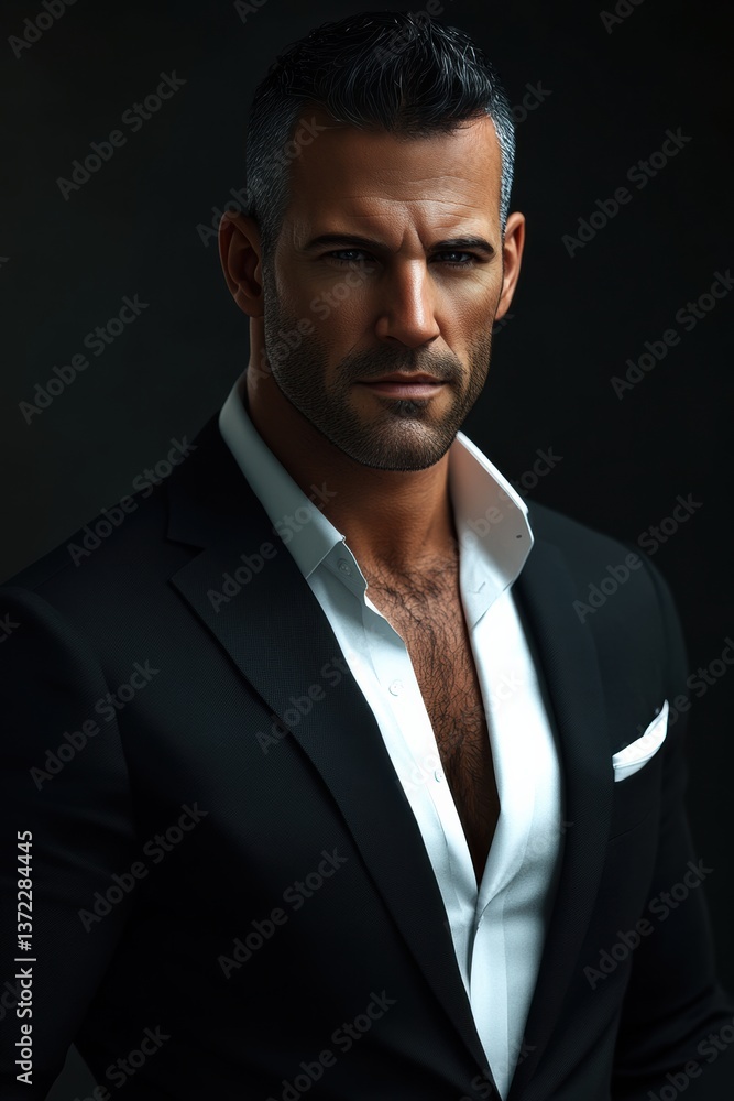 Elegant man in formal attire poses confidently against a dark backdrop in a sleek and stylish setting during the evening Elegant man in formal attire poses confidently against a dark backdrop in a sleek and stylish setting during the evening