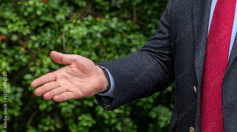 Fototapeta premium Man Extending Hand Outdoors in Formal Attire with Red Tie and Blurred Green Background