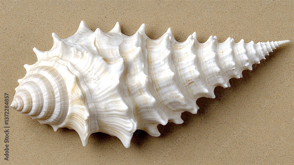 Detailed view of a pristine spiral seashell on sandy surface Detailed view of a pristine spiral seashell on sandy surface