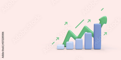 Vertical bar chart with up arrows in 3d realistic style isolated on light background. Vector illustration