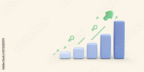 Vertical bar chart with up arrows in 3d realistic style isolated on light background. Vector illustration