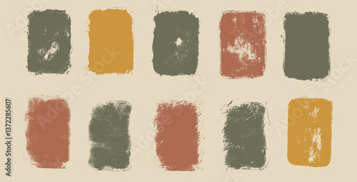 Rectangles callouts frames. Organic color grunge text boxes. Linocut rolling paint earth colours tag. Vector handmade brayer vector stamp smudged texture. Rough paint decorative japandi uneven border.