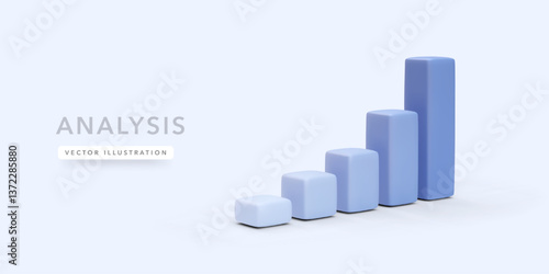 Blue 3d realistic bar chart with shadow isolated on light background. Vector illustration