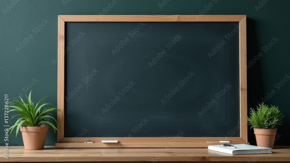 Empty wooden framed chalkboard with potted plants on wooden table surface. Empty wooden framed chalkboard with potted plants on wooden table surface.