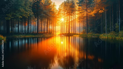 Sunset reflection over calm lake in serene forest setting during golden hour