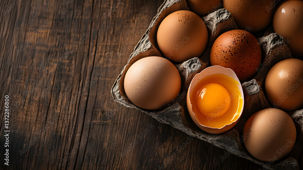 A top-down view shows a cardboard egg carton filled with brown eggs, with one egg cracked open to reveal a bright yellow yolk, all placed on a rustic wooden surface. A top-down view shows a cardboard egg carton filled with brown eggs, with one egg cracked open to reveal a bright yellow yolk, all placed on a rustic wooden surface.