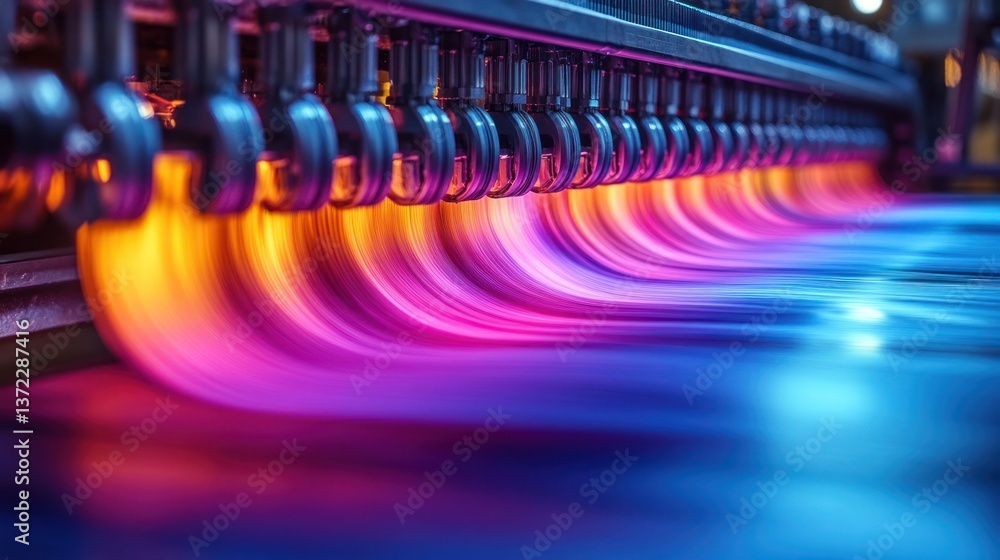 Colorful paper rolls speeding through printing press in factory Colorful paper rolls speeding through printing press in factory