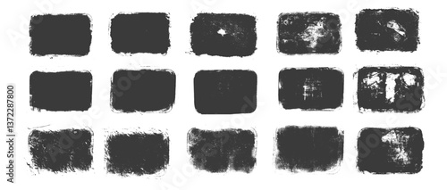 Quotation ink grunge set. Rectangle callout frames. Linocut rolled paint black text boxes tag. Vector handmade brayer stamp smudged texture. Rough paint decorative irregular border.